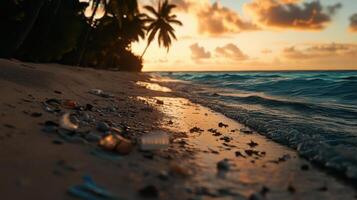 powerful storm washed plastic waste onto shore at sunset photo