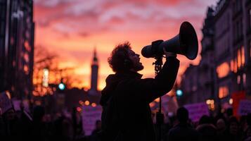 protester using megaphone during vibrant sunset photo