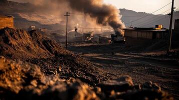 Polluted village near mining operation with smoke and debris photo