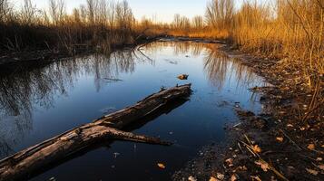 polluted wetland with stagnant water and dead vegetation reflects sky photo
