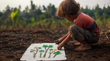 child drawing lush forest scene on paper, expressing creativity and joy photo