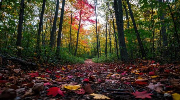 A path through the woods with colorful leaves photo