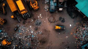 Aerial view of recycling plant with heavy machinery working photo