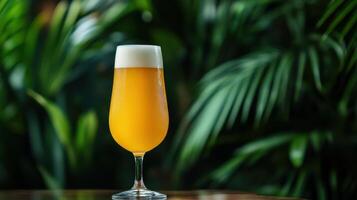 A glass of beer sitting on a table in front of a green plant photo