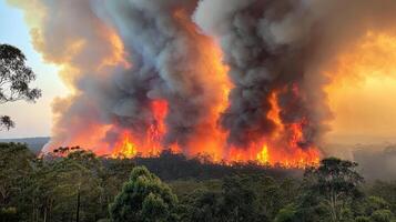 rainforest engulfed in flames, dense smoke billowing upwards photo