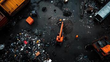 Aerial view of recycling plant with machinery and waste photo