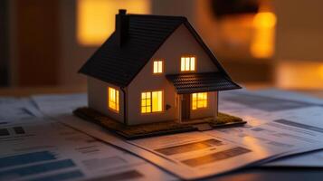 small model house on documents representing real estate investment photo