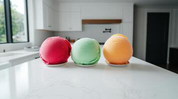 Refreshing sorbet trio in vibrant colors on white countertop photo