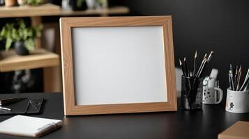 Blank wooden frame on desk with stationery and plants photo