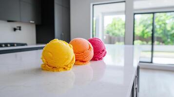 Refreshing sorbet trio in vibrant colors on kitchen counter photo