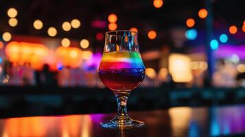 A colorful drink sitting on a bar photo