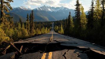 cracked road through forest with mountains in background photo