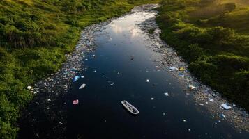 river overflowing with plastic waste, highlighting pollution photo