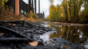 riverbank near factory with oily water and autumn foliage photo