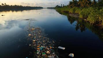 river overflowing with plastic waste, reflecting environmental photo