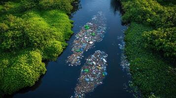 river overflowing with plastic waste surrounded by greenery photo