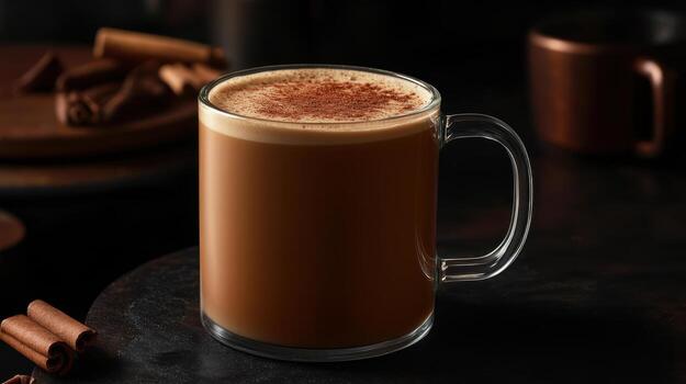 Rich chai latte with cinnamon sprinkled on top, warm and inviting photo