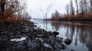 A river with smoke coming out of the chimneys photo