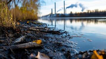 riverbank with industrial sludge and smokestacks in view photo