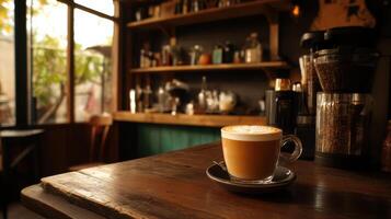 A cup of coffee sits on a table photo