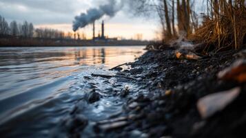 riverbank near factory with oily water reflecting light photo