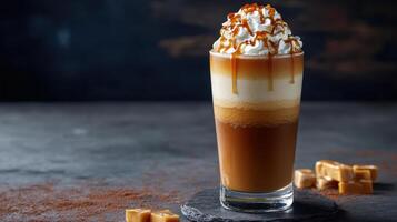Creamy caramel milkshake with layers and whipped cream topping photo
