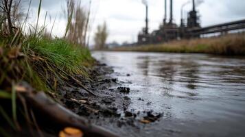 riverbank with oily water near industrial factory photo