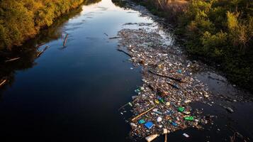 river overflowing with plastic waste and debris photo