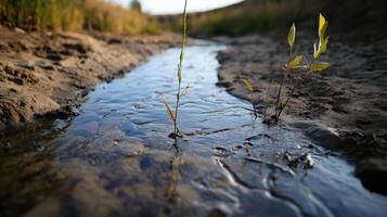 Dried riverbed with wilting plants and shallow water photo