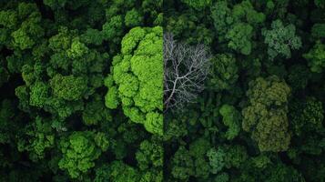 Rapid deforestation impact on lush green forest photo