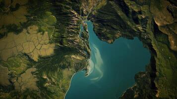Aerial view of serene lake surrounded by mountains and forests photo