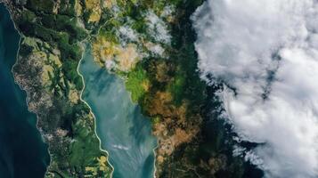 Vast green landscapes and water bodies captured from above photo