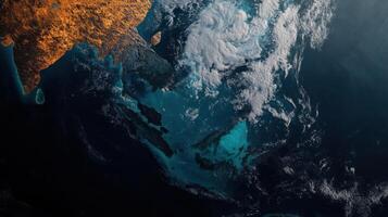 Aerial view of ocean pollution and landmass in Southeast Asia photo