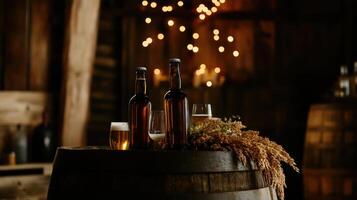 Rustic barn setting with beer bottles and glasses on barrel photo