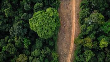 Aerial view of deforestation with dirt path in forest photo