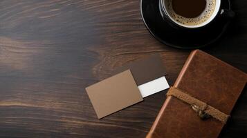 Handmade business cards on wooden table with coffee photo