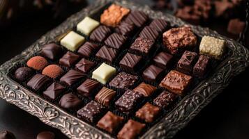 A tray of assorted chocolates on a table photo