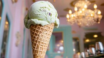 scoop of pistachio ice cream in cone with soft texture photo