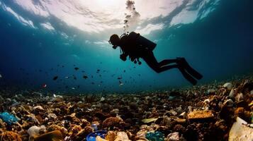 scuba diver exploring coral reef filled with plastic waste photo