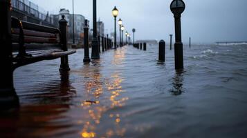 flooded seaside boardwalk with lampposts and benches photo