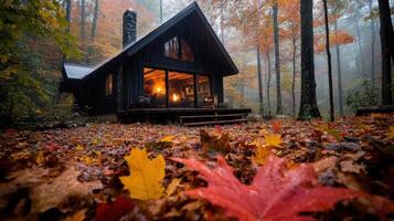 A cabin in the woods surrounded by fall leaves photo