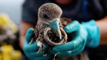 seabird with plastic ring around its beak, struggling photo