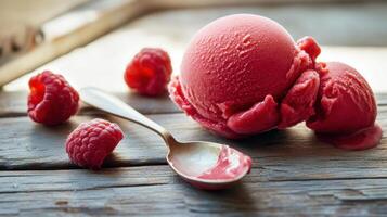 scoop of raspberry sorbet on wooden table with berries photo