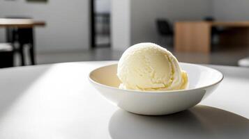 A bowl of ice cream sitting on a table photo