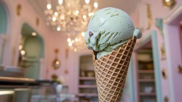 delicious scoop of pistachio ice cream in cone photo