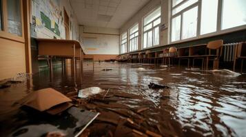Flooded classroom with debris and water covering floor photo