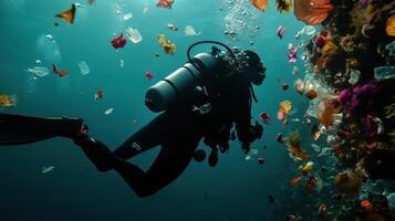 A scuba diver in the ocean with many plastic items photo