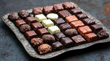 Assorted chocolates on decorative tray, rich and tempting photo