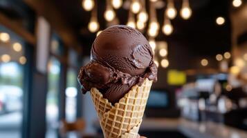 Delicious chocolate ice cream cone with creamy texture photo