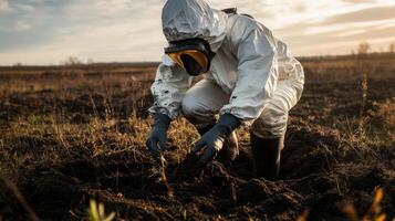 A man in a protective suit and gas mask is digging in the dirt photo